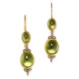 A PAIR OF PERIDOT AND DIAMOND EARRINGS  Hook fittings, closed-back setting Cabochon peridots Rose-