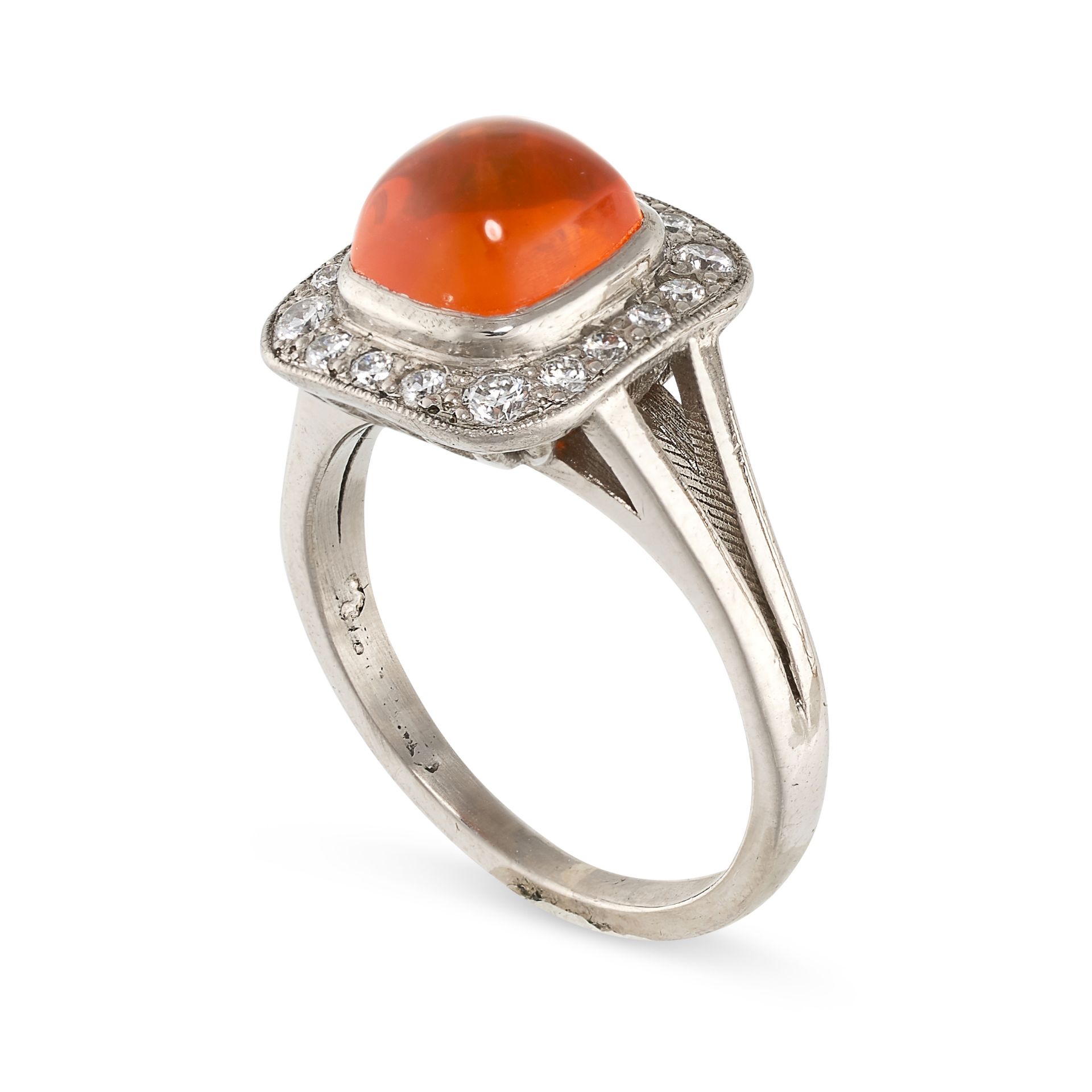 A FIRE OPAL AND DIAMOND CLUSTER RING  Square cabochon fire opal, approximately 1.66 carats - Image 2 of 2