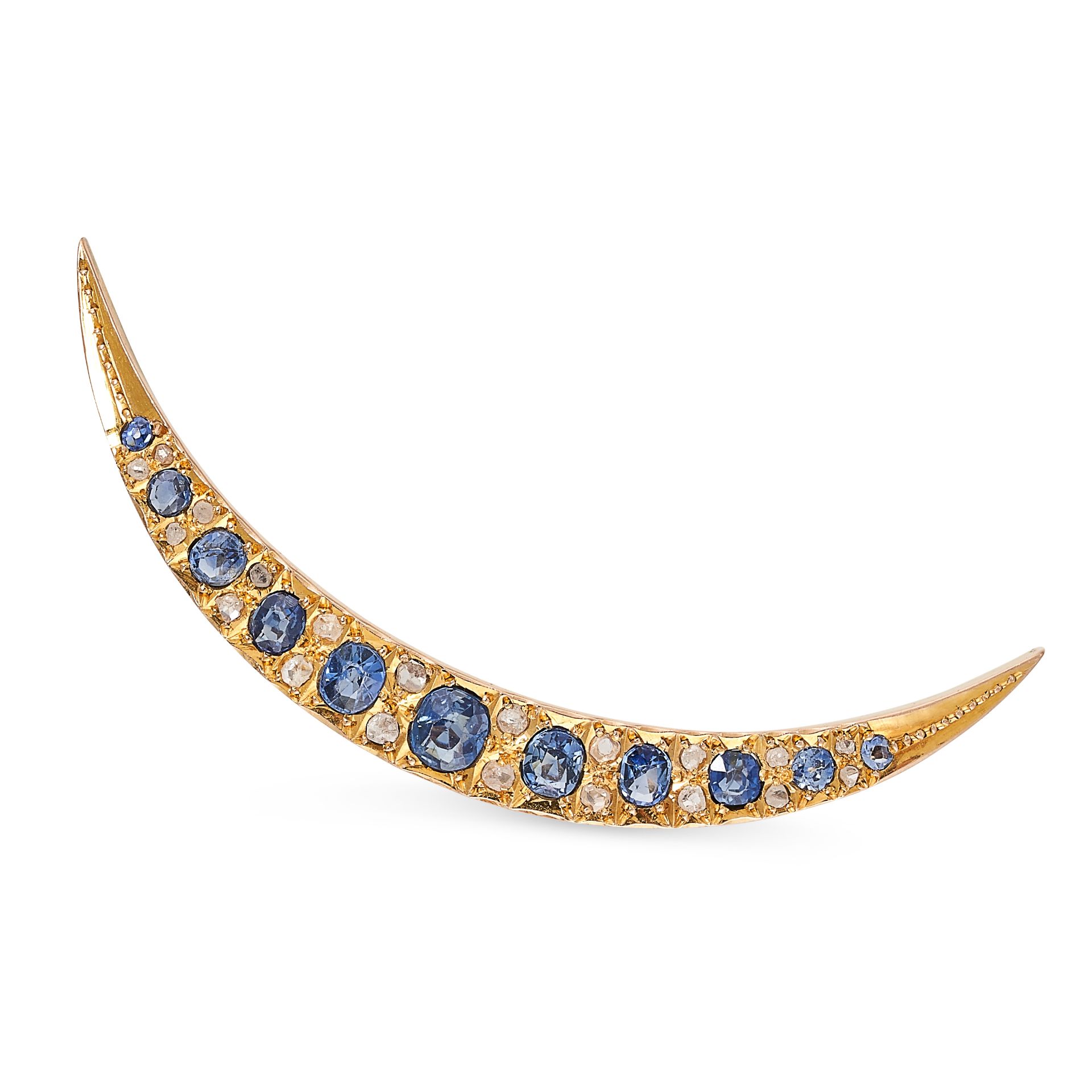 AN ANTIQUE SAPPHIRE AND DIAMOND CRESCENT MOON BROOCH, LATE 19TH CENTURY Oval and circular-cut