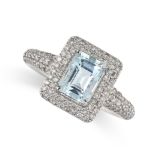 AN AQUAMARINE AND DIAMOND CLUSTER RING  Step-cut aquamarine, 0.85 carats  Brilliant-cut diamonds,