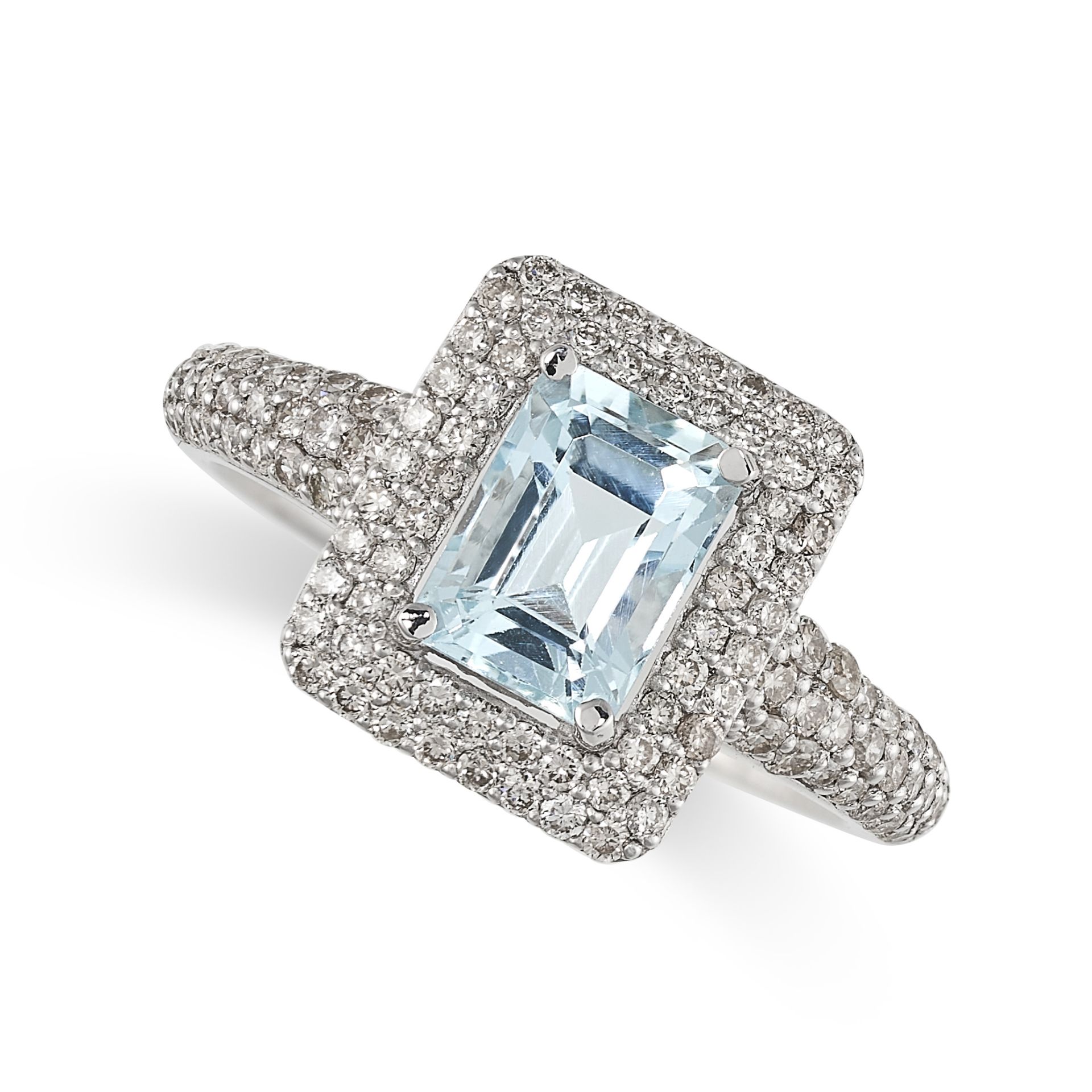 AN AQUAMARINE AND DIAMOND CLUSTER RING  Step-cut aquamarine, 0.85 carats  Brilliant-cut diamonds,