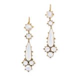 A PAIR OF MOONSTONE DROP EARRINGS Hook fittings Round and drop shaped cabochon moonstones  No