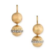 A PAIR OF DIAMOND EARRINGS  Hook fittings, spherical top and drop design Brilliant-cut diamonds