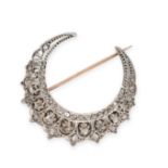 AN ANTIQUE VICTORIAN DIAMOND CRESCENT MOON BROOCH, LATE 19TH CENTURY Open work construction Rose-cut