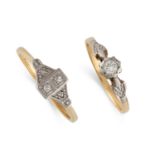 NO RESERVE - TWO DIAMOND RINGS  One set with a round brilliant cut diamond, the other set with