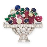 A RUBY, SAPPHIRE, EMERALD AND DIAMOND BROOCH  Giardinetto design, modelled as plant in a stemmed pot