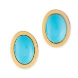 A PAIR OF TURQUOISE CLIP EARRINGS  Clip fittings  Cabochon turquoise  Stamped 750  Length 23mm  9.