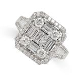 A DIAMOND CLUSTER RING  Baguette and brilliant-cut diamonds, approximate total 1.50-1.80 carats