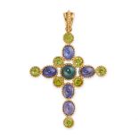 GRISO, A TANZANITE, PERIDOT AND TOURMALINE CROSS PENDANT  Cabochon tanzanite and tourmaline,