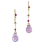 A PAIR OF AMETHYST, RUBY AND DIAMOND DROP EARRINGS  Briolette cut amethysts  Old European