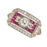 AN ART DECO RUBY DIAMOND DECO  Circular-cut diamonds  Step-cut rubies  No assay marks  Size O / 7