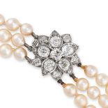 A PEARL AND DIAMOND NECKLACE  Three rows of pearls, ranging 4.7mm to 8.3mm  Old mine brilliant cut