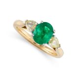 AN EMERALD AND YELLOW DIAMOND THREE STONE RING  Made in 18 carat yellow gold  Oval cut emerald,