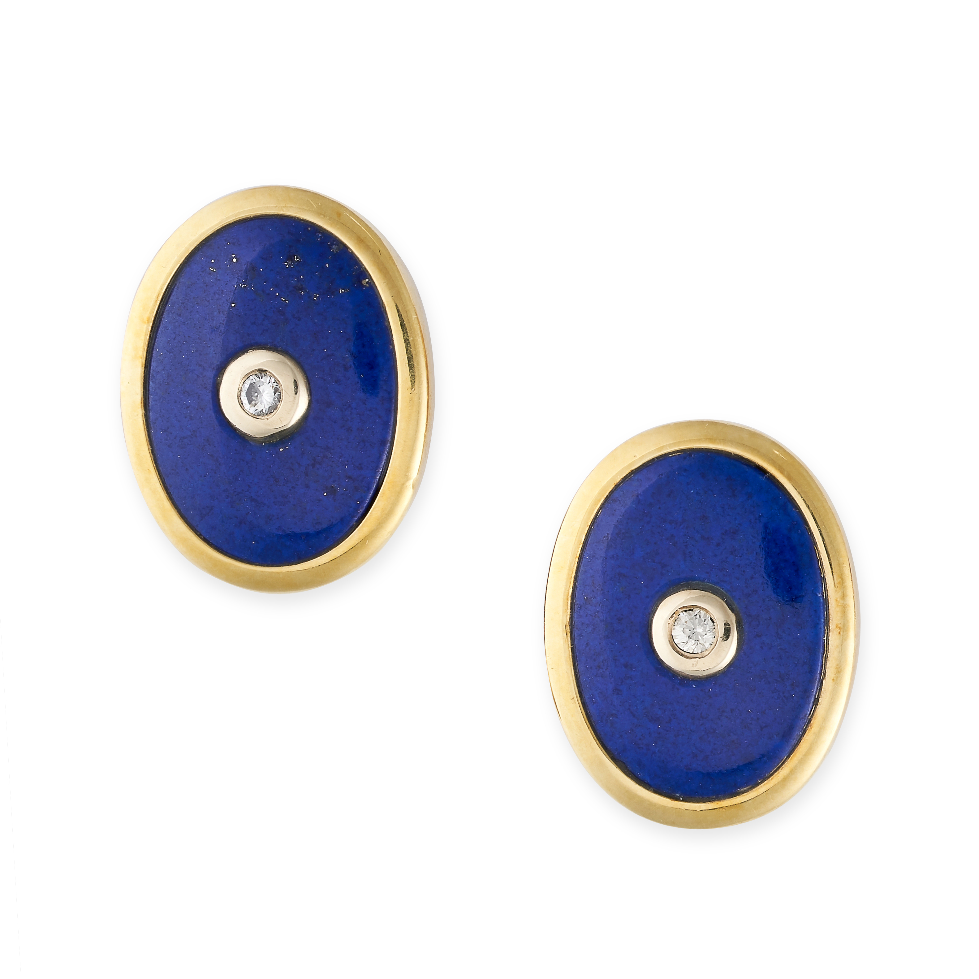 A PAIR OF LAPIS LAZULI AND DIAMOND CLIP EARRINGS  Clip fittings  Polished lapis lazuli  Brilliant-
