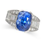 A CEYLON NO HEAT SAPPHIRE AND DIAMOND RING  Cushion-shaped sapphire, 10.51 carats  Baguette and