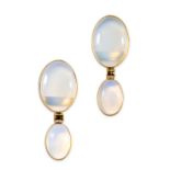 A PAIR OF OPALESCENT GLASS EARRINGS  Oval cabochon opalescent glass  Stamped 750  Length 40mm  14.