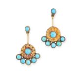 A PAIR OF TURQUOISE DROP EARRINGS  Made in yellow gold  Round cabochon turquoise  No assay marks