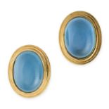 A PAIR OF VINTAGE AQUAMARINE CLIP EARRINGS  Clip fittings  Cabochon aquamarines  Stamped 750  Length