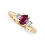 A RUBY AND DIAMOND THREE STONE RING  Made in 18 carat yellow gold  Oval cut ruby, weighing