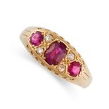 NO RESERVE - AN ANTIQUE THREE-STONE RUBY AND DIAMOND RING, 1919  Cushion-shaped rubies  Rose-cut