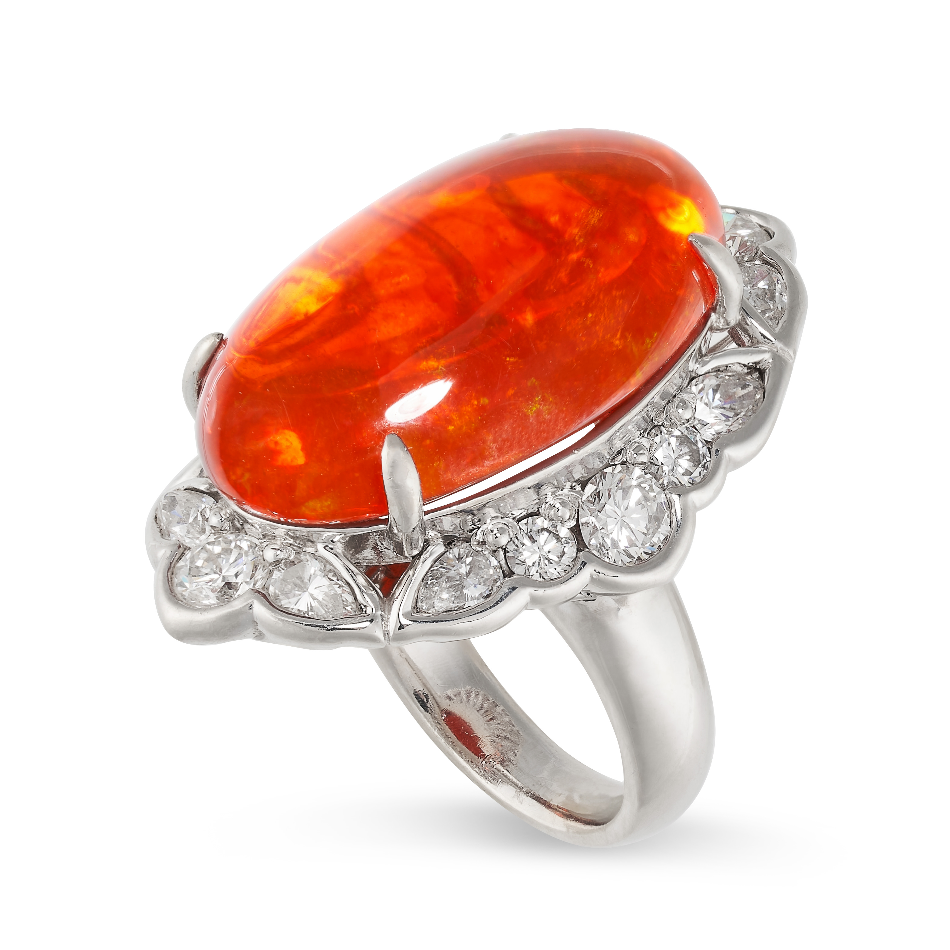 AN EXCEPTIONAL FIRE OPAL AND DIAMOND NAVETTE-SHAPED CLUSTER RING  Oval cabochon fire opal, - Image 2 of 2