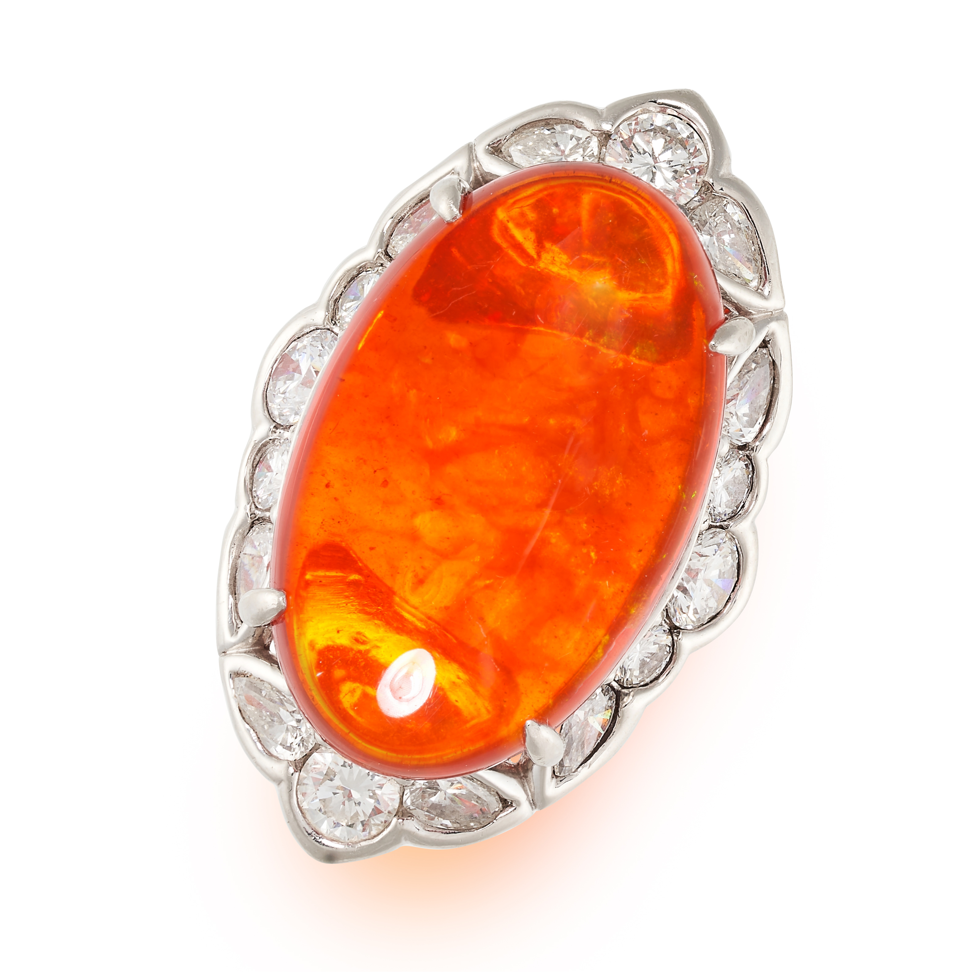 AN EXCEPTIONAL FIRE OPAL AND DIAMOND NAVETTE-SHAPED CLUSTER RING  Oval cabochon fire opal,