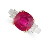 AN UNHEATED RUBY AND DIAMOND RING  Cushion-cut ruby, 5.16 carats  Trapezoid diamonds, 0.52 carats