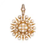 AN ANTIQUE PEARL AND DIAMOND STAR BROOCH / PENDANT, 19TH CENTURY  Made in yellow gold, detachable