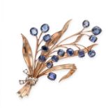 A SAPPHIRE AND DIAMOND FLOWER SPRAY BROOCH, CIRCA 1945  Made in yellow gold, designed as a bouquet