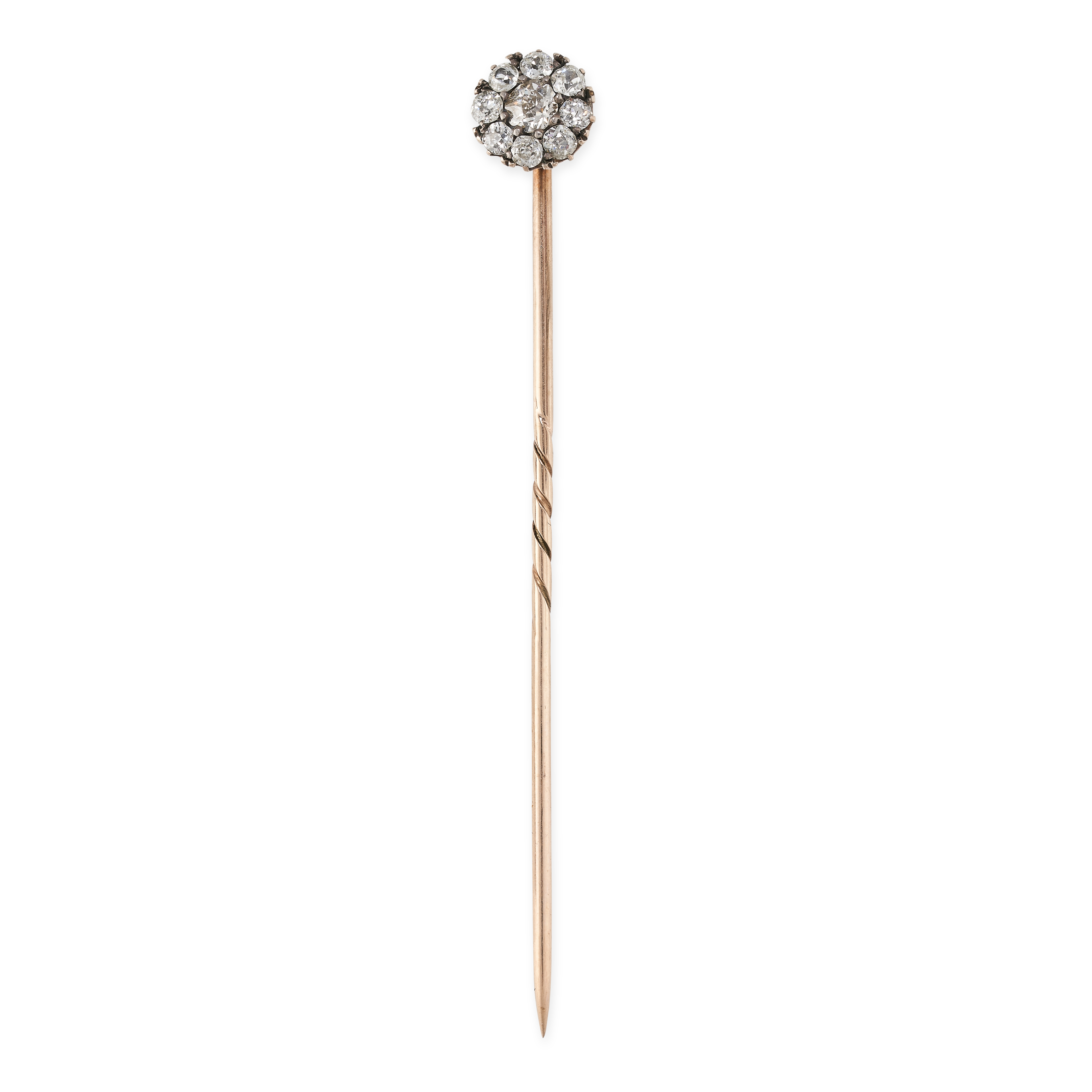 AN ANTIQUE DIAMOND STICK PIN BROOCH, 19TH CENTURY  Cluster of cushion-shaped diamonds  Head length