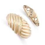 TWO GOLD DRESS RINGS  One with reeded decoration, the other with a heart shaped face  Full British