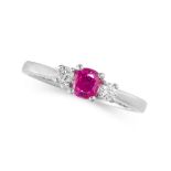 A RUBY AND DIAMOND THREE STONE RING  Made in 18 carat white gold  Cushion cut ruby, weighing