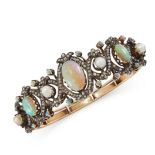 AN OPAL, PEARL AND DIAMOND BANGLE  Oval and round cabochon opals  Pearls (untested)  Cushion