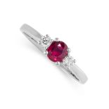 A RUBY AND DIAMOND THREE STONE RING  Made in 18 carat white gold  Cushion cut ruby, weighing