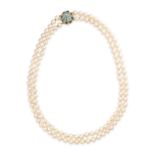 A CULTURED PEARL, SAPPHIRE, TURQUOISE AND DIAMOND NECKLACE  Two rows of cultured pearls  Clasp set