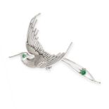 NO RESERVE - A WHITE GOLD AND EMERALD BIRD BROOCH Circular-cut emeralds Indistinct assay mark Length