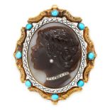 AN ANTIQUE TURQUOISE, DIAMOND AND ENAMEL CARVED CAMEO PENDANT, CIRCA 1870  Carved hardstone