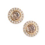 A PAIR OF FANCY COLOURED DIAMOND AND WHITE DIAMOND CLUSTER STUD EARRINGS  Round brilliant cut