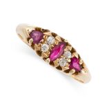 NO RESERVE - A RUBY AND DIAMOND THREE-STONE RING  Marquise- and pear-shaped rubies  Circular-cut