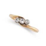 NO RESERVE - A DIAMOND THREE STONE RING, CIRCA 1930  Made in 18 carat yellow gold, stylised band