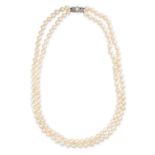 A CULTURED PEARL AND PASTE NECKLACE  Clap set with circular-cut paste  Two rows of cultured