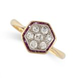 NO RESERVE - AN ART DECO DIAMOND AND RUBY DRESS RING in 18ct yellow gold, the hexagonal face set