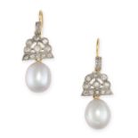 A PAIR OF PEARL AND DIAMOND DROP EARRINGS in platinum and yellow gold, each set with single cut