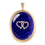 NO RESERVE - A LARGE ANTIQUE PEARL AND BLUE GLASS SWEETHEART PENDANT in yellow gold, the oval body