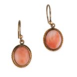 A PAIR OF VINTAGE CORAL DROP EARRINGS, 1988 in 9ct yellow gold, each set with an oval coral