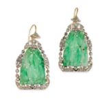 NO RESERVE - A PAIR OF JADEITE JADE AND DIAMOND EARRINGS in silver and yellow gold, each set with