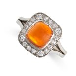 A FIRE OPAL AND DIAMOND CLUSTER RING set with a square cabochon fire opal weighing approximately 1.
