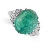 AN EMERALD AND DIAMOND DRESS RING set with an oval cabochon emerald of 11.40 carats, accented by