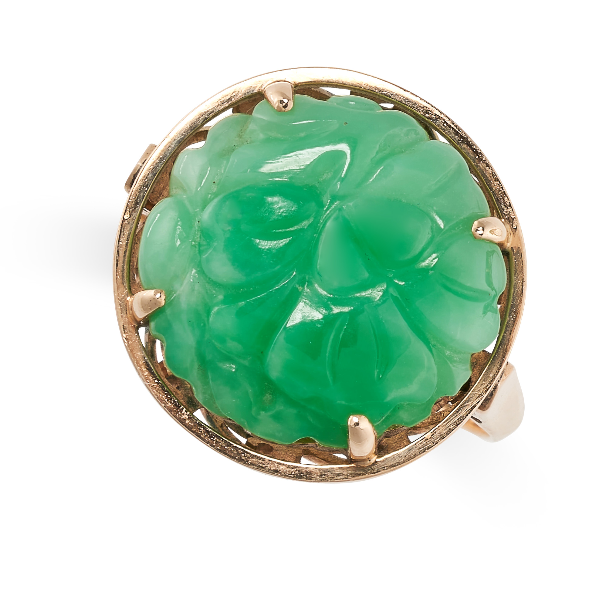 A JADEITE JADE DRESS RING in 14ct yellow gold, set with a circular piece of jadeite carved in the