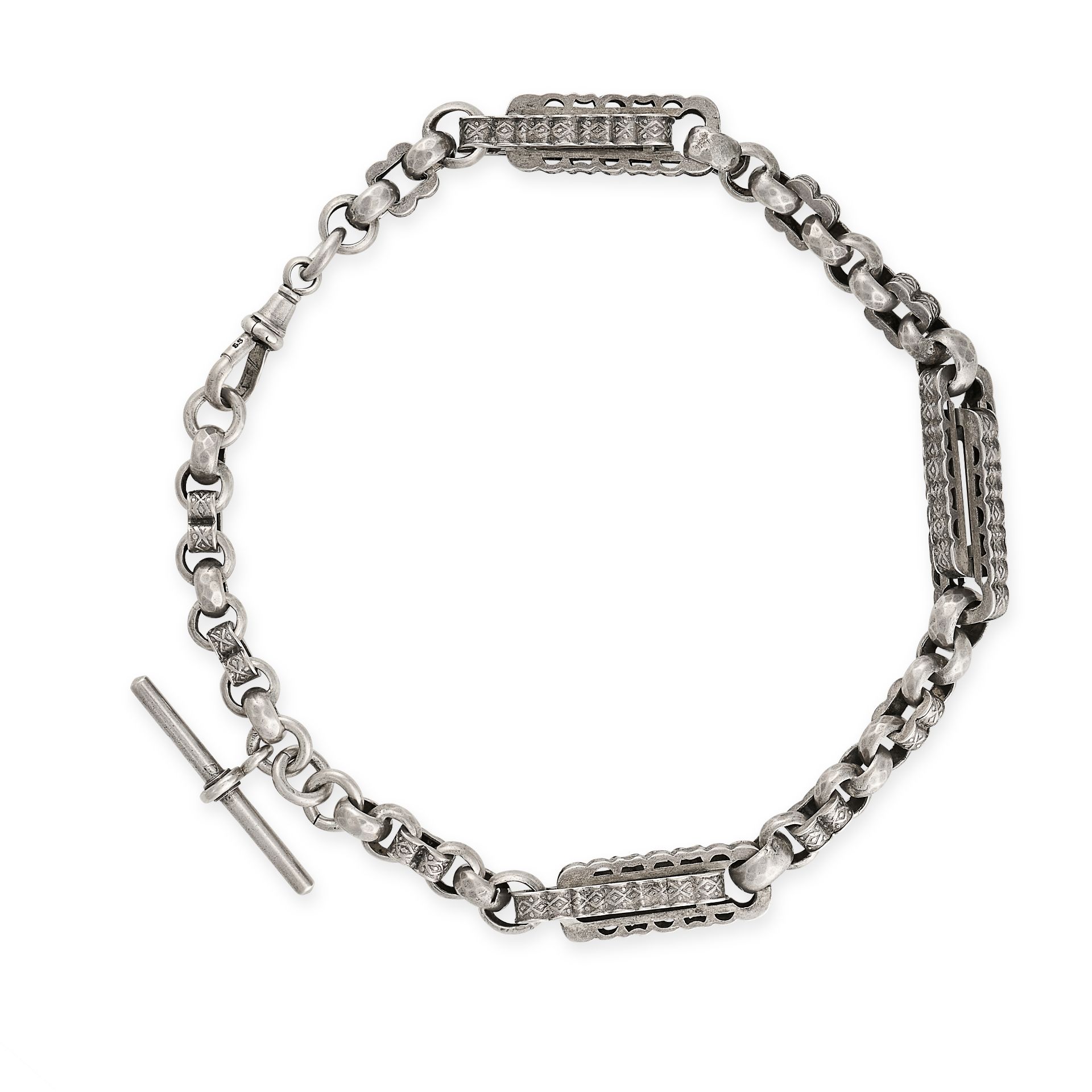 AN ANTIQUE SILVER T-BAR WATCH CHAIN formed of a series of fancy links with various textured and